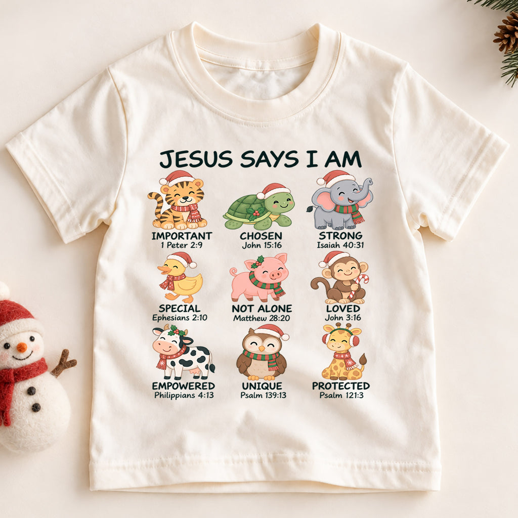 Christian Animals Christmas Shirt, Jesus Says I Am Bible Verse Kids Tee, Festive Faith Top, Christian Holiday Animal Outfit, Gift For Kids — product view 2