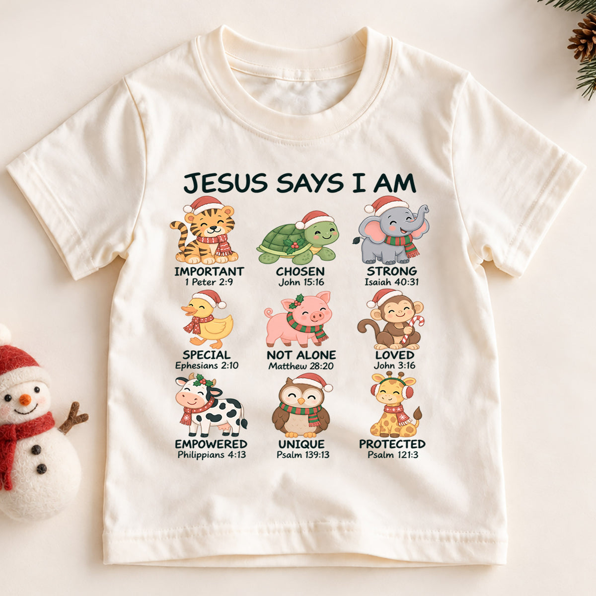 Christian Animals Christmas Shirt, Jesus Says I Am Bible Verse Kids Tee, Festive Faith Top, Christian Holiday Animal Outfit, Gift For Kids — product view 2