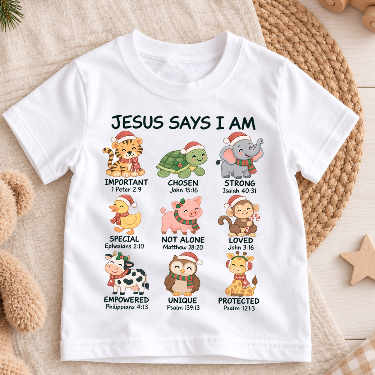 Christian Animals Christmas Shirt, Jesus Says I Am Bible Verse Kids Tee, Festive Faith Top, Christian Holiday Animal Outfit, Gift For Kids — product view 3