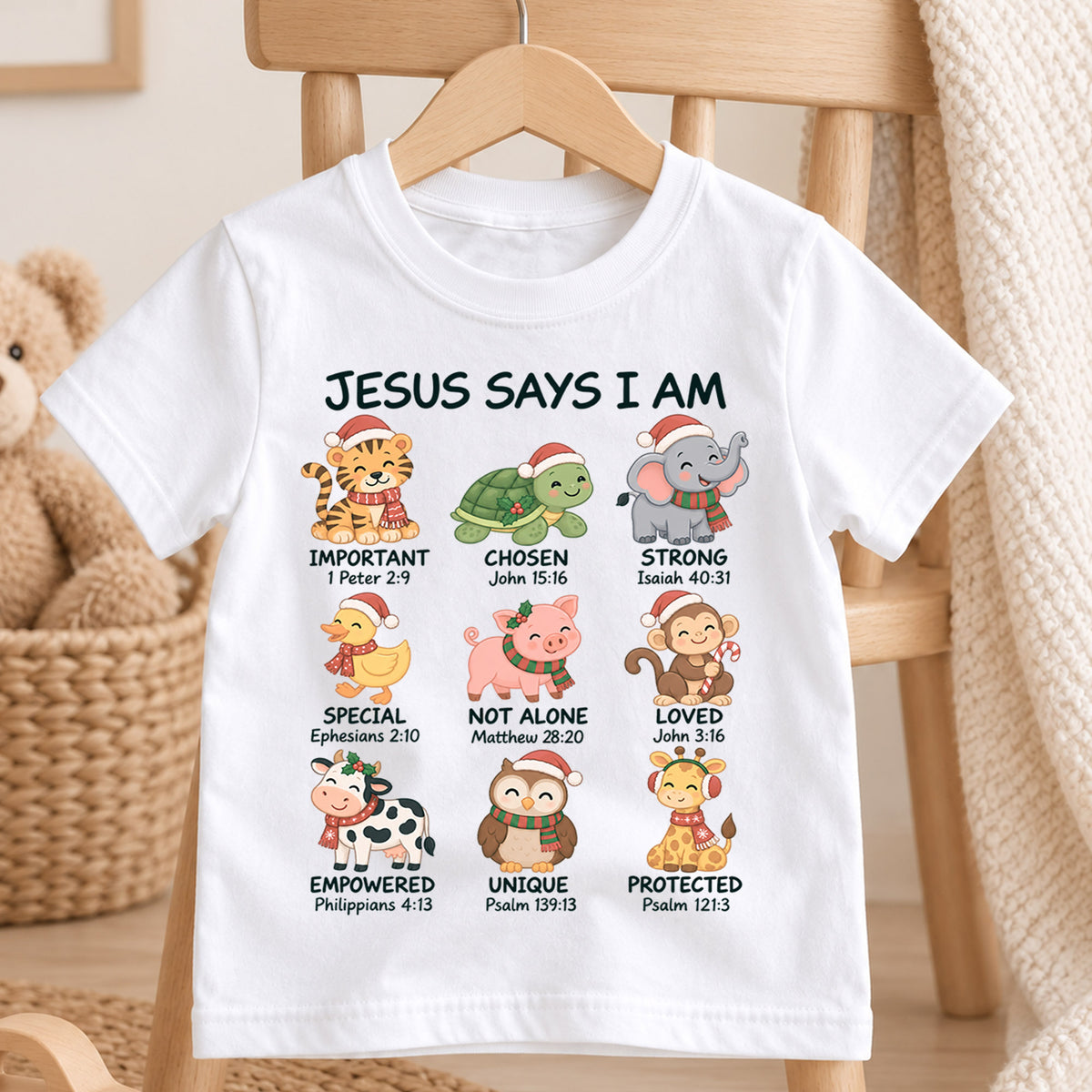 Christian Animals Christmas Shirt, Jesus Says I Am Bible Verse Kids Tee, Festive Faith Top, Christian Holiday Animal Outfit, Gift For Kids — product view 4