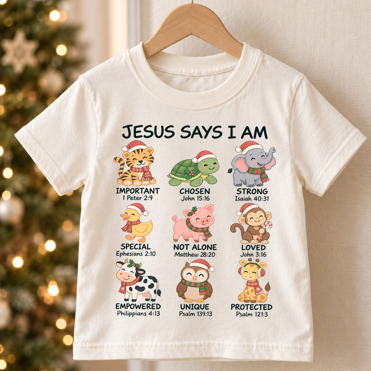 Christian Animals Christmas Shirt, Jesus Says I Am Bible Verse Kids Tee, Festive Faith Top, Christian Holiday Animal Outfit, Gift For Kids — product view 5