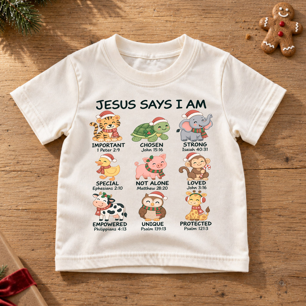 Christian Animals Christmas Shirt, Jesus Says I Am Bible Verse Kids Tee, Festive Faith Top, Christian Holiday Animal Outfit, Gift For Kids — product view 6