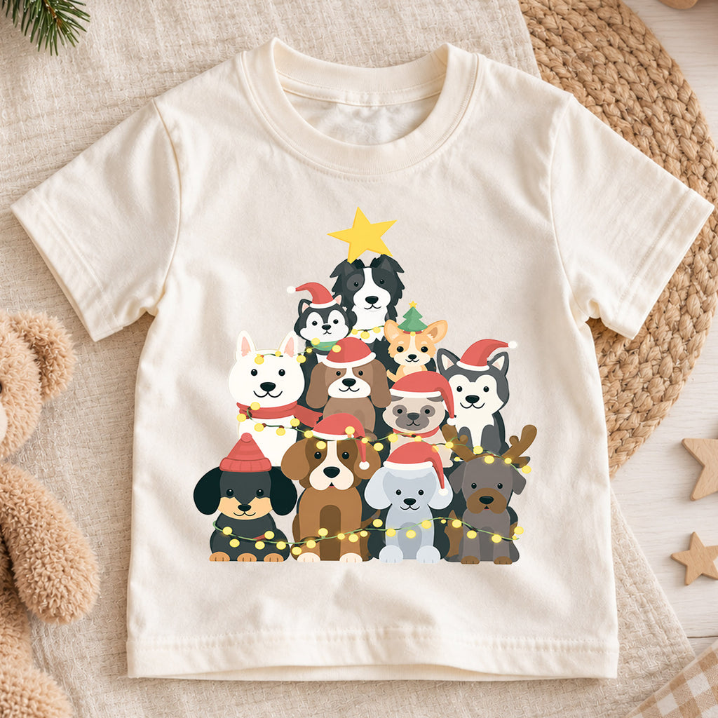 Cute Dog Christmas Tree Shirt, Holiday Lights Puppies Tee, Festive Winter Dogs Kids Top, Cute Puppy Christmas Outfit, Gift For Kids — product view 1