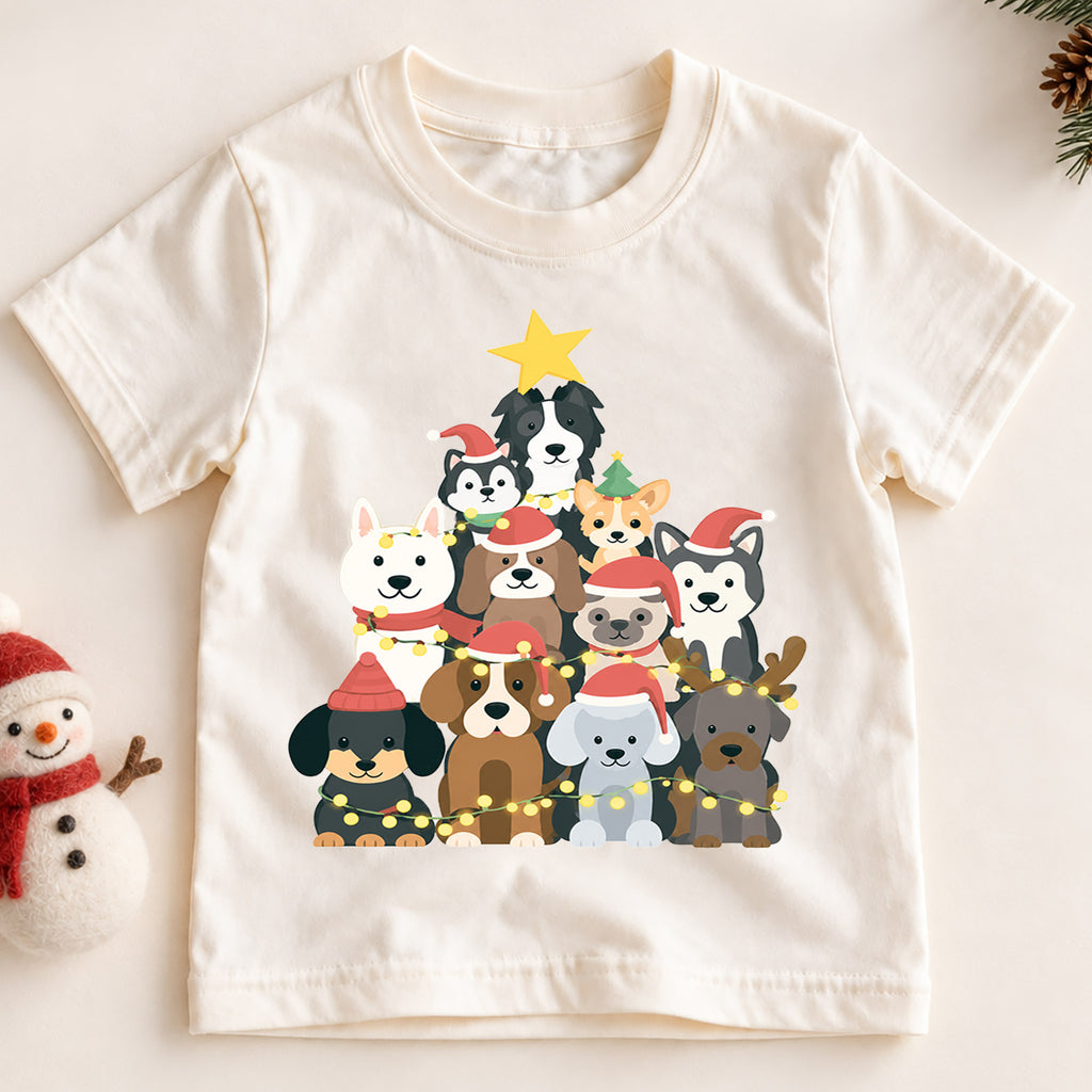 Cute Dog Christmas Tree Shirt, Holiday Lights Puppies Tee, Festive Winter Dogs Kids Top, Cute Puppy Christmas Outfit, Gift For Kids — product view 2