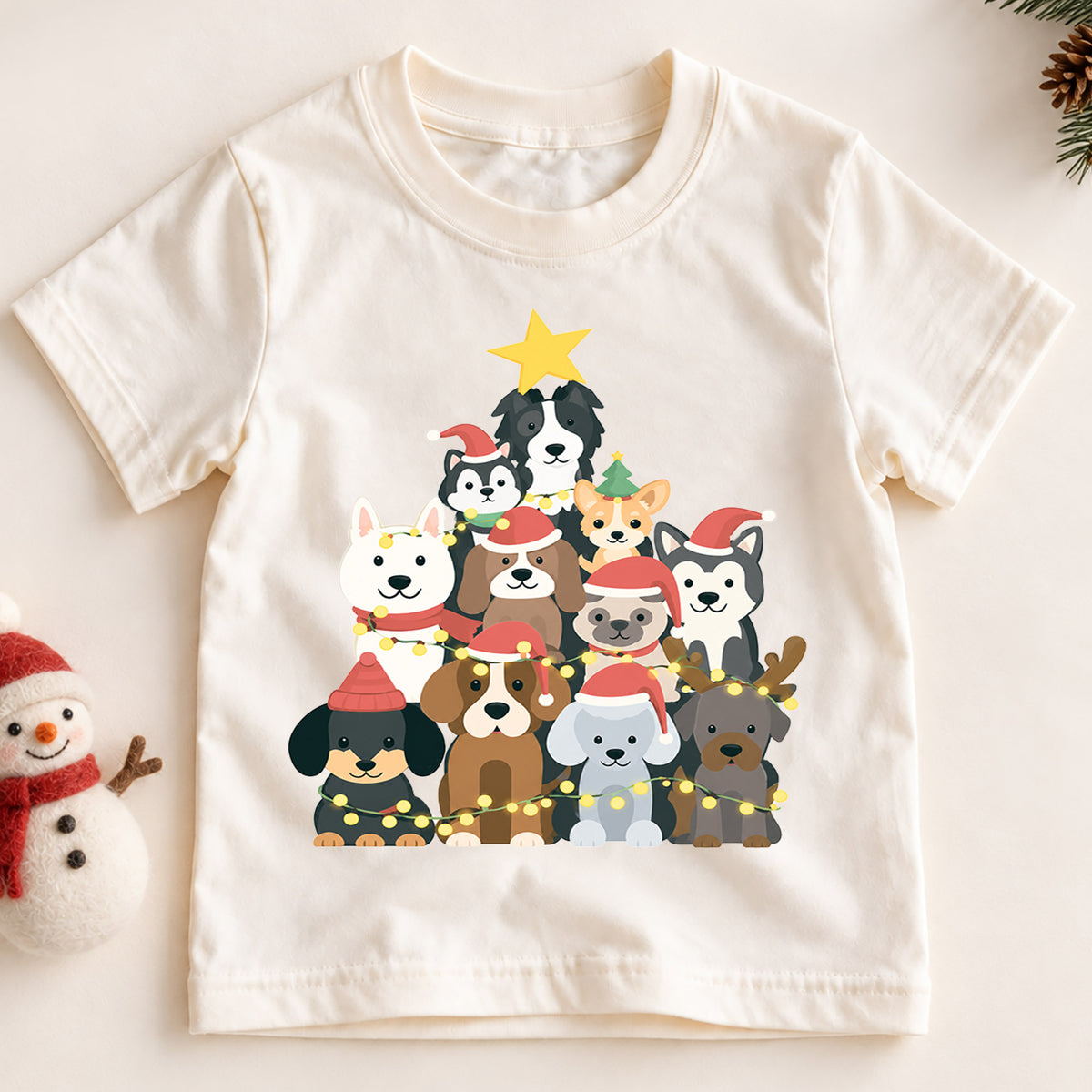 Cute Dog Christmas Tree Shirt, Holiday Lights Puppies Tee, Festive Winter Dogs Kids Top, Cute Puppy Christmas Outfit, Gift For Kids — product view 2