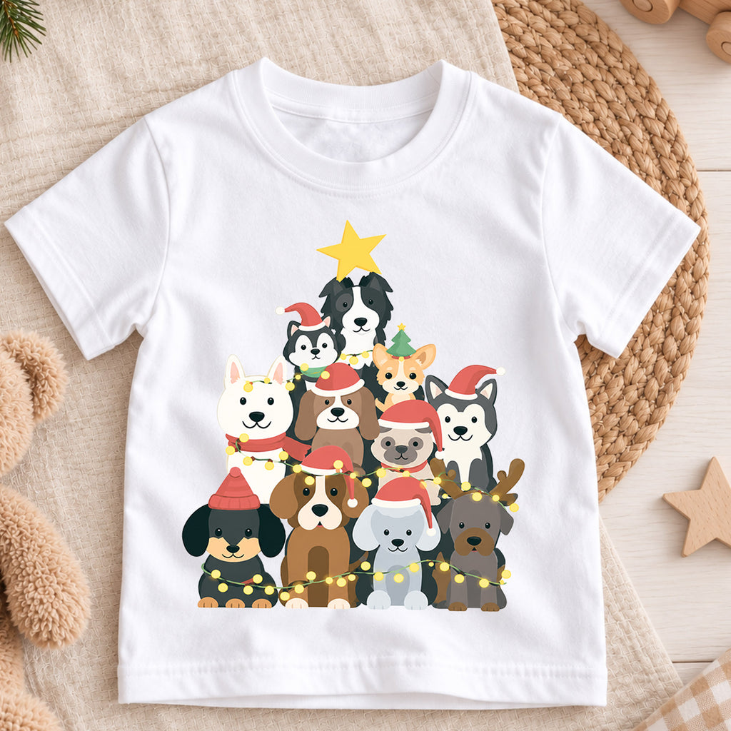 Cute Dog Christmas Tree Shirt, Holiday Lights Puppies Tee, Festive Winter Dogs Kids Top, Cute Puppy Christmas Outfit, Gift For Kids — product view 3