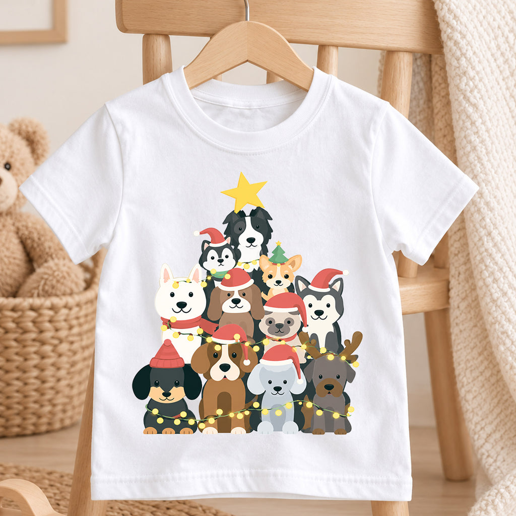 Cute Dog Christmas Tree Shirt, Holiday Lights Puppies Tee, Festive Winter Dogs Kids Top, Cute Puppy Christmas Outfit, Gift For Kids — product view 4