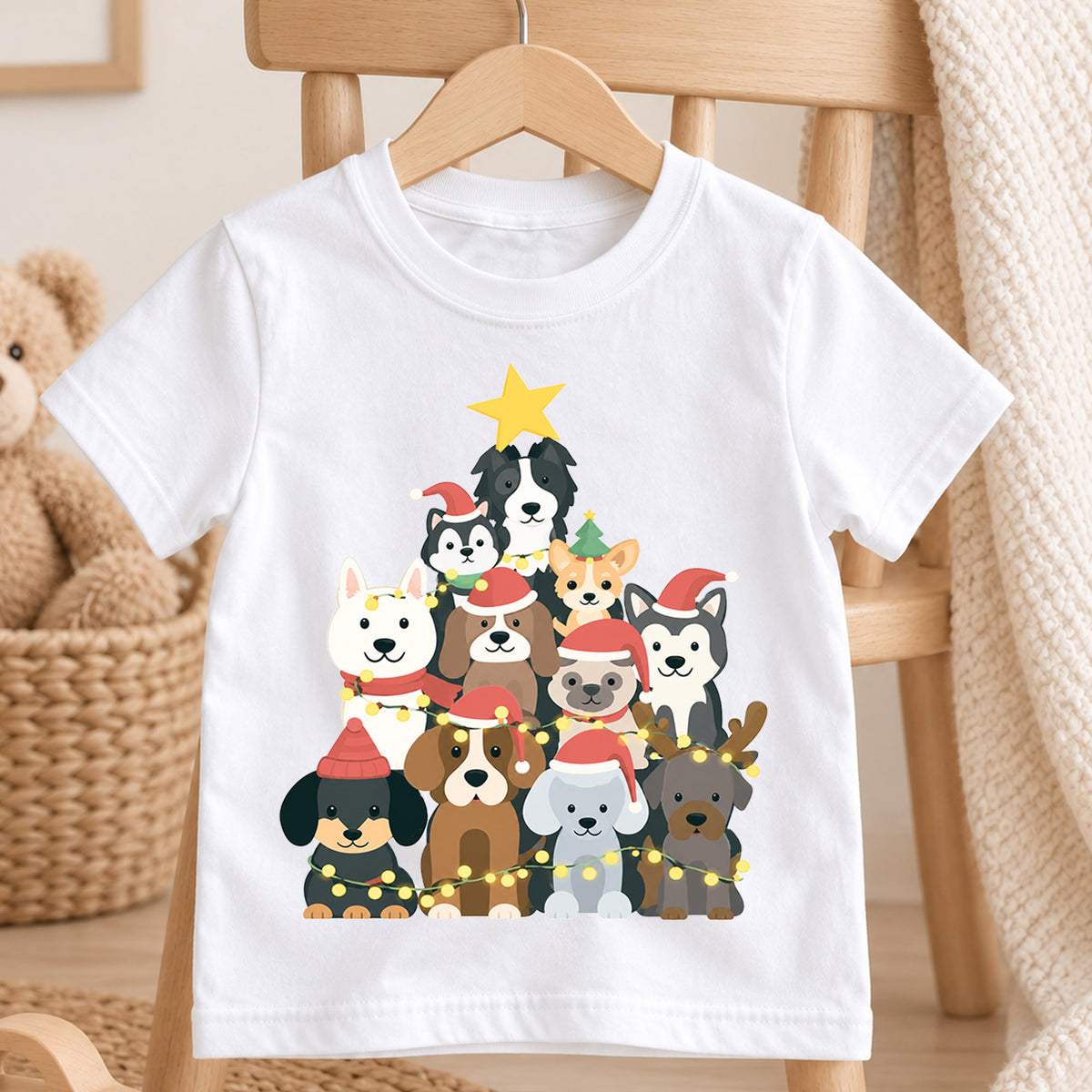 Cute Dog Christmas Tree Shirt, Holiday Lights Puppies Tee, Festive Winter Dogs Kids Top, Cute Puppy Christmas Outfit, Gift For Kids — product view 4