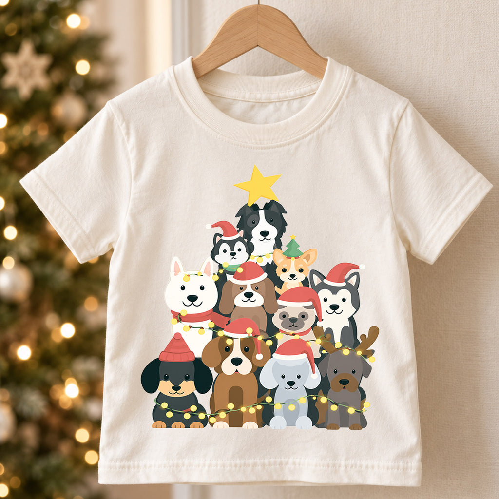 Cute Dog Christmas Tree Shirt, Holiday Lights Puppies Tee, Festive Winter Dogs Kids Top, Cute Puppy Christmas Outfit, Gift For Kids — product view 5