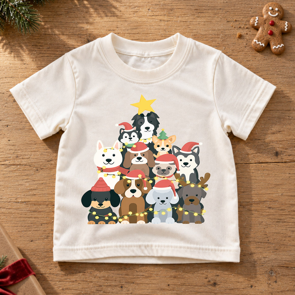 Cute Dog Christmas Tree Shirt, Holiday Lights Puppies Tee, Festive Winter Dogs Kids Top, Cute Puppy Christmas Outfit, Gift For Kids — product view 6