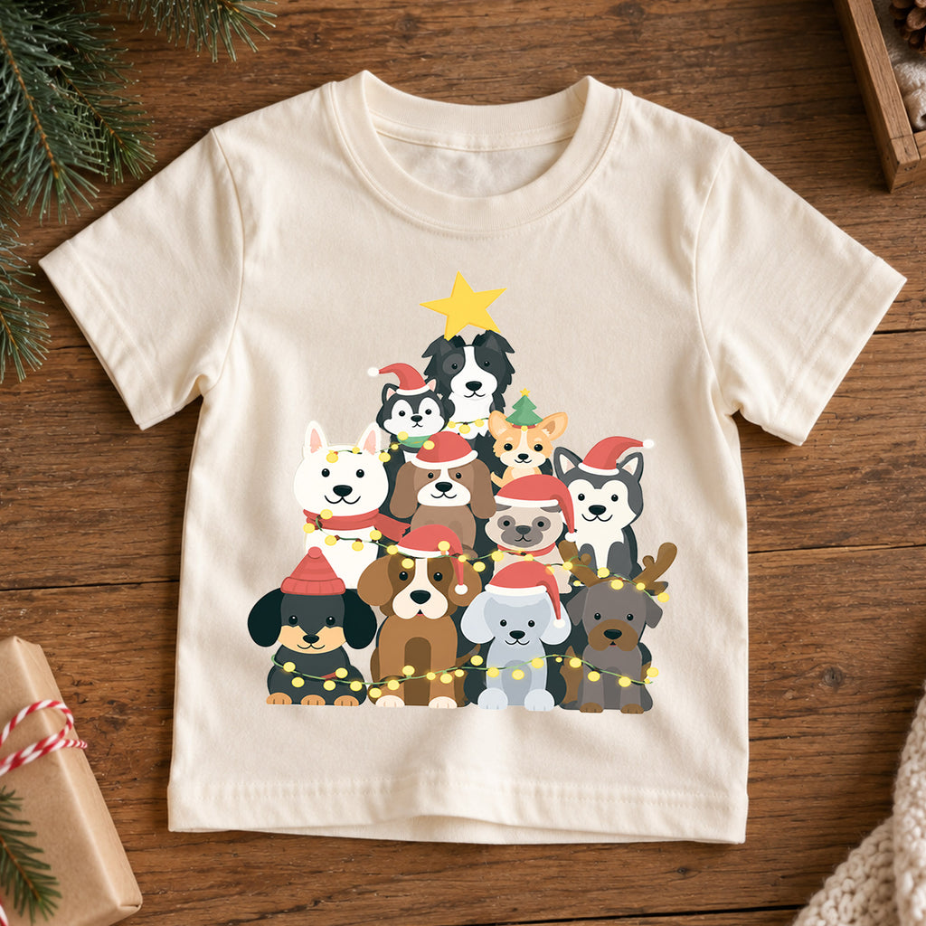 Cute Dog Christmas Tree Shirt, Holiday Lights Puppies Tee, Festive Winter Dogs Kids Top, Cute Puppy Christmas Outfit, Gift For Kids — product view 7