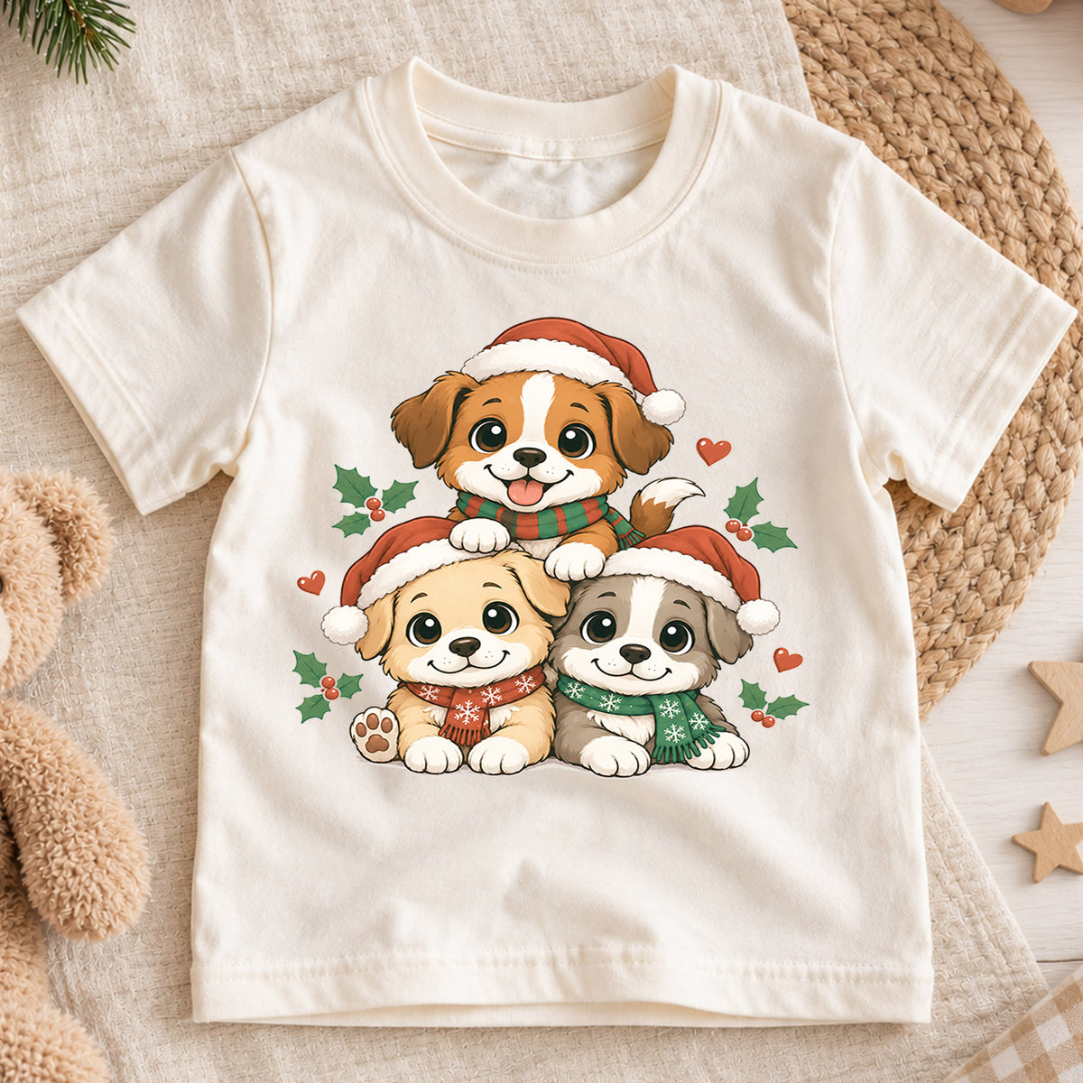 Cute Santa Puppies Christmas Shirt, Holiday Dog Kids Tee, Festive Winter Puppy Top, Cute Santa Dog Christmas Outfit, Gift For Children — product view 1