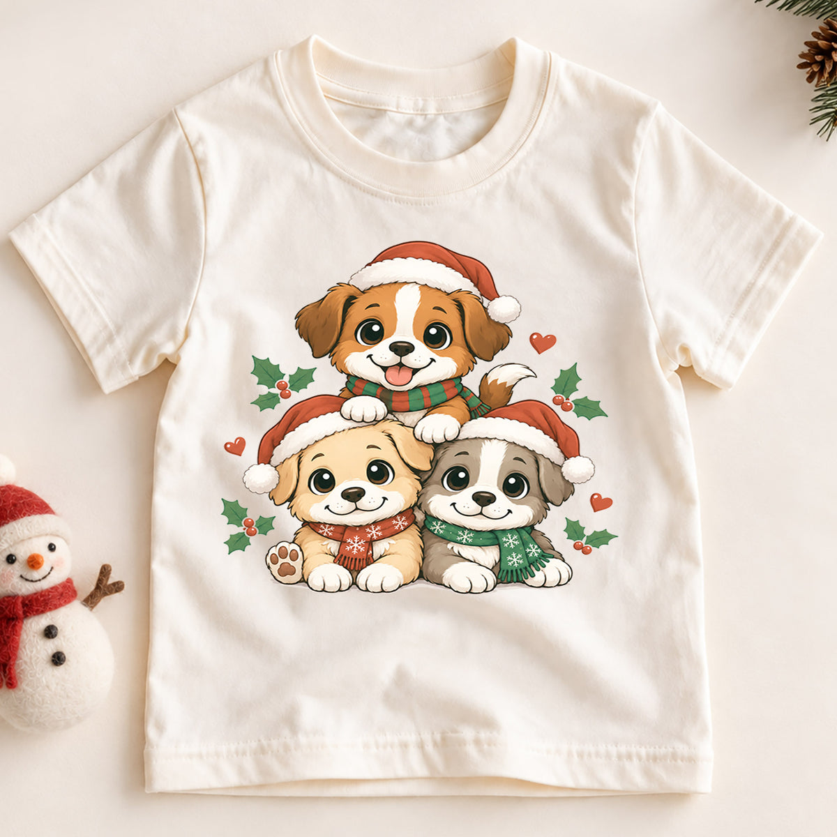 Cute Santa Puppies Christmas Shirt, Holiday Dog Kids Tee, Festive Winter Puppy Top, Cute Santa Dog Christmas Outfit, Gift For Children — product view 2