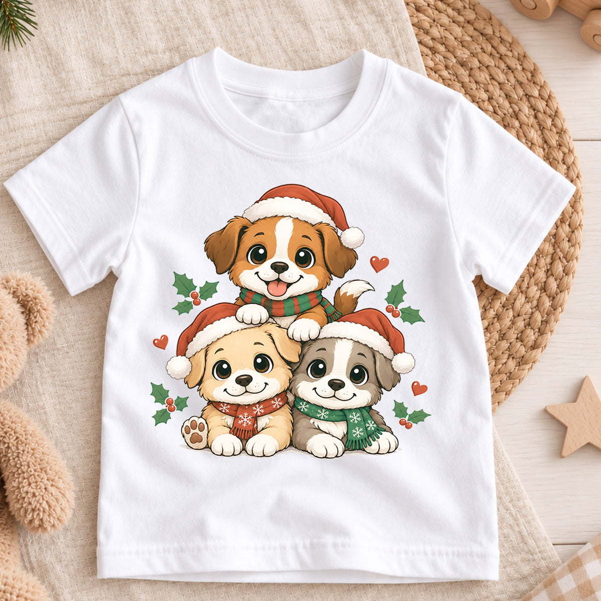 Cute Santa Puppies Christmas Shirt, Holiday Dog Kids Tee, Festive Winter Puppy Top, Cute Santa Dog Christmas Outfit, Gift For Children — product view 3