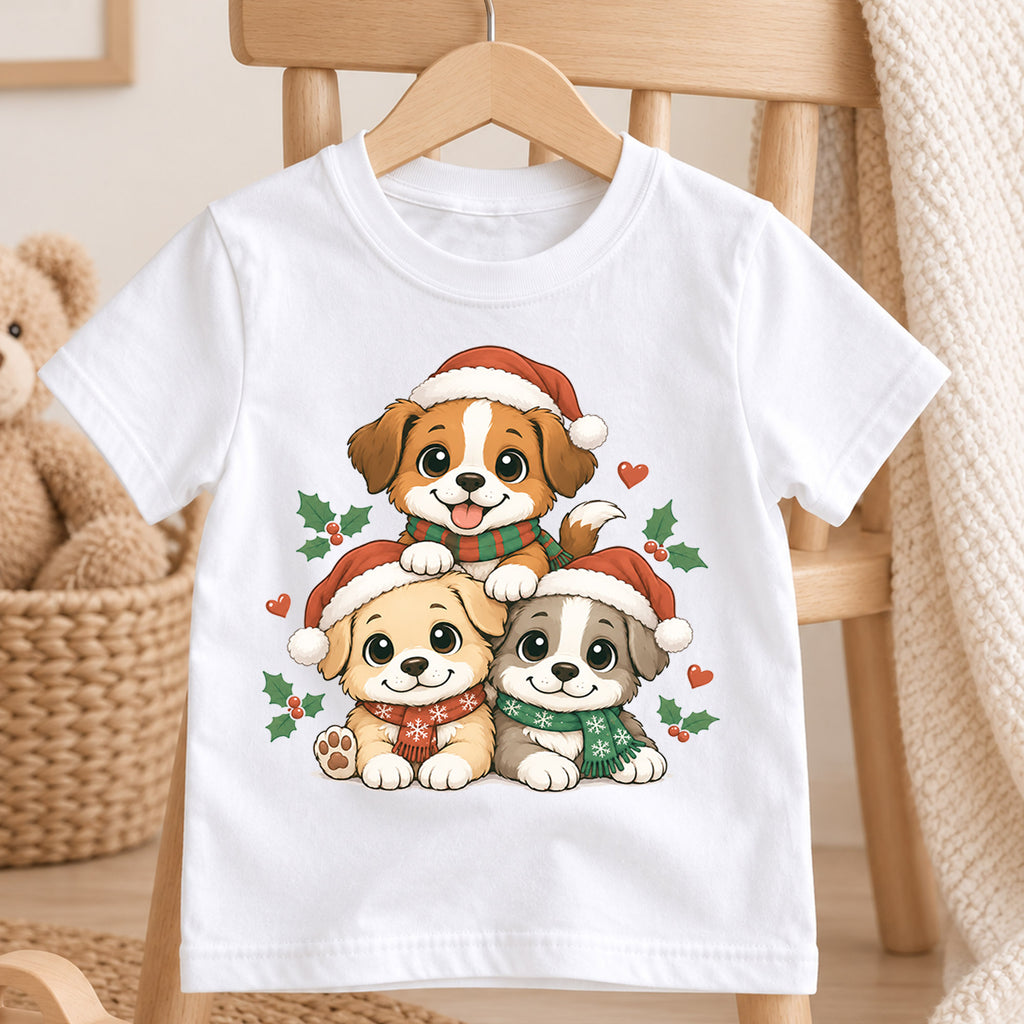 Cute Santa Puppies Christmas Shirt, Holiday Dog Kids Tee, Festive Winter Puppy Top, Cute Santa Dog Christmas Outfit, Gift For Children — product view 4