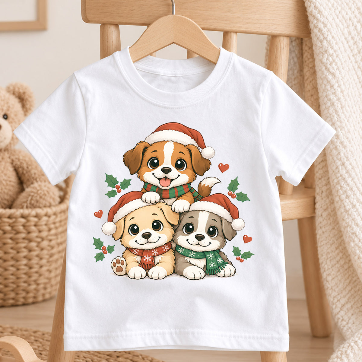 Cute Santa Puppies Christmas Shirt, Holiday Dog Kids Tee, Festive Winter Puppy Top, Cute Santa Dog Christmas Outfit, Gift For Children — product view 4