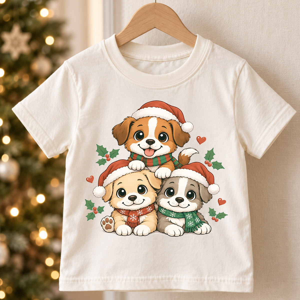Cute Santa Puppies Christmas Shirt, Holiday Dog Kids Tee, Festive Winter Puppy Top, Cute Santa Dog Christmas Outfit, Gift For Children — product view 5