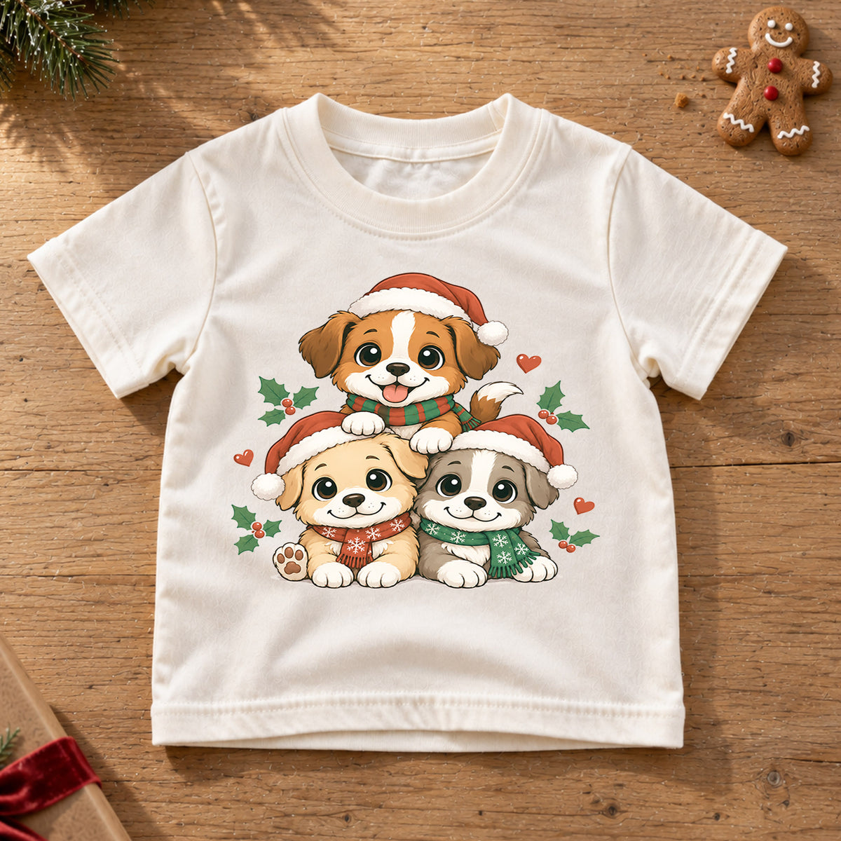 Cute Santa Puppies Christmas Shirt, Holiday Dog Kids Tee, Festive Winter Puppy Top, Cute Santa Dog Christmas Outfit, Gift For Children — product view 6