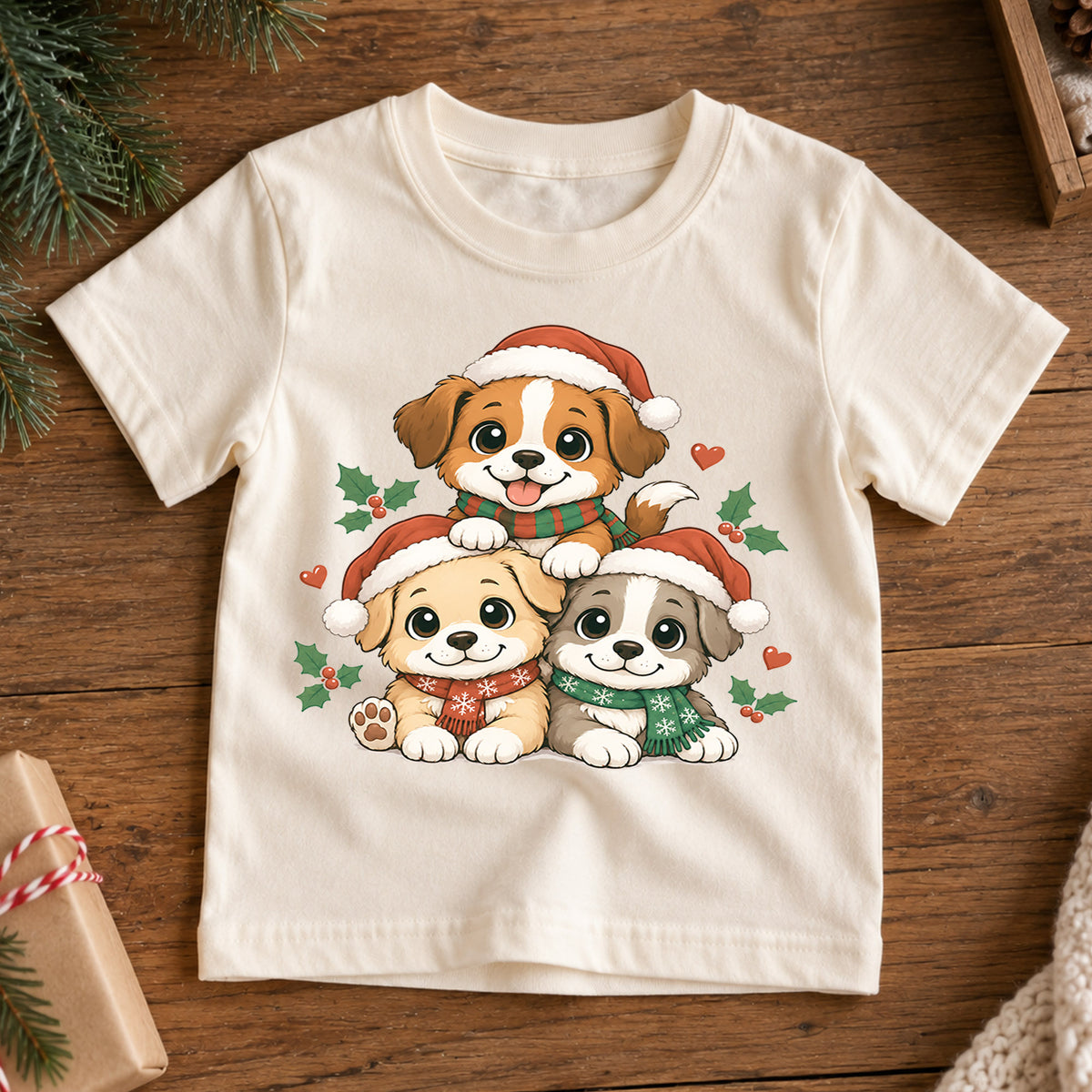 Cute Santa Puppies Christmas Shirt, Holiday Dog Kids Tee, Festive Winter Puppy Top, Cute Santa Dog Christmas Outfit, Gift For Children — product view 7
