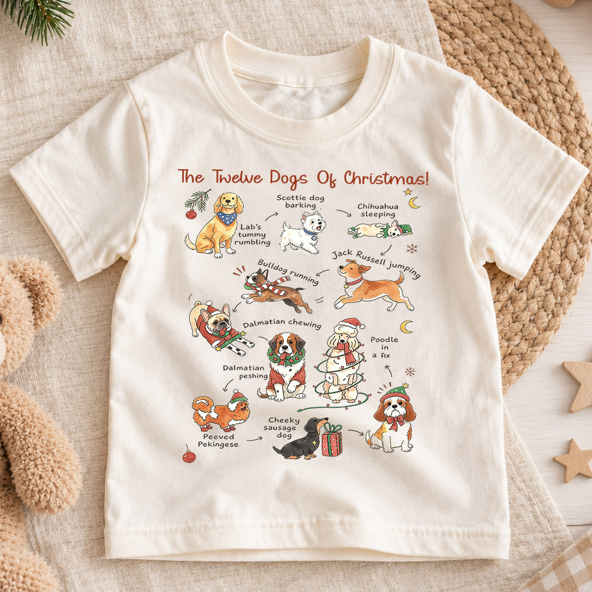 The Twelve Dogs Of Christmas Shirt, Cute Holiday Puppies Kids T-Shirt, Dog Lover Toddler Tee, Illustrated Christmas Dogs Graphic Top, Gift — product view 1