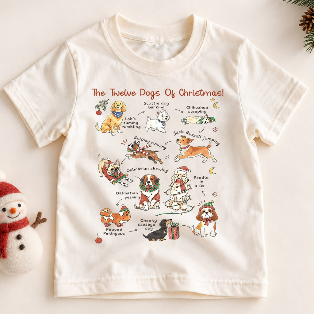 The Twelve Dogs Of Christmas Shirt, Cute Holiday Puppies Kids T-Shirt, Dog Lover Toddler Tee, Illustrated Christmas Dogs Graphic Top, Gift — product view 2
