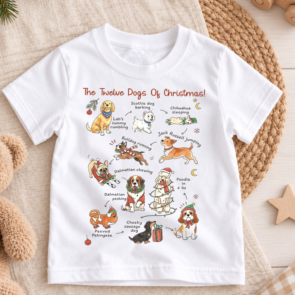 The Twelve Dogs Of Christmas Shirt, Cute Holiday Puppies Kids T-Shirt, Dog Lover Toddler Tee, Illustrated Christmas Dogs Graphic Top, Gift — product view 3