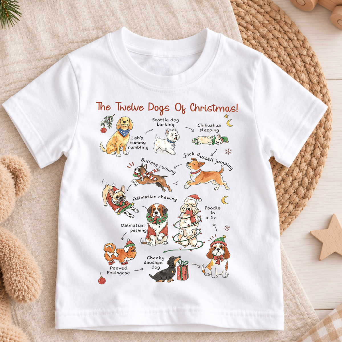The Twelve Dogs Of Christmas Shirt, Cute Holiday Puppies Kids T-Shirt, Dog Lover Toddler Tee, Illustrated Christmas Dogs Graphic Top, Gift — product view 3