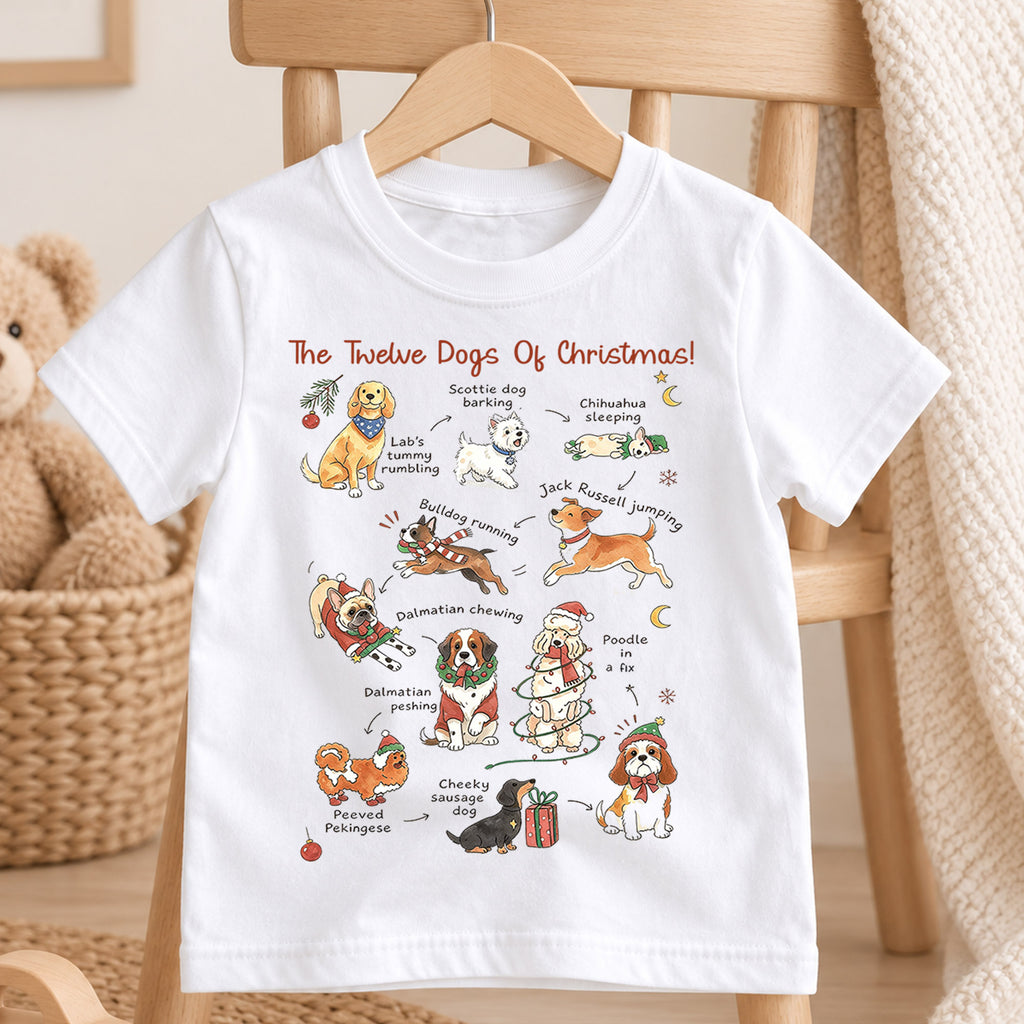 The Twelve Dogs Of Christmas Shirt, Cute Holiday Puppies Kids T-Shirt, Dog Lover Toddler Tee, Illustrated Christmas Dogs Graphic Top, Gift — product view 4