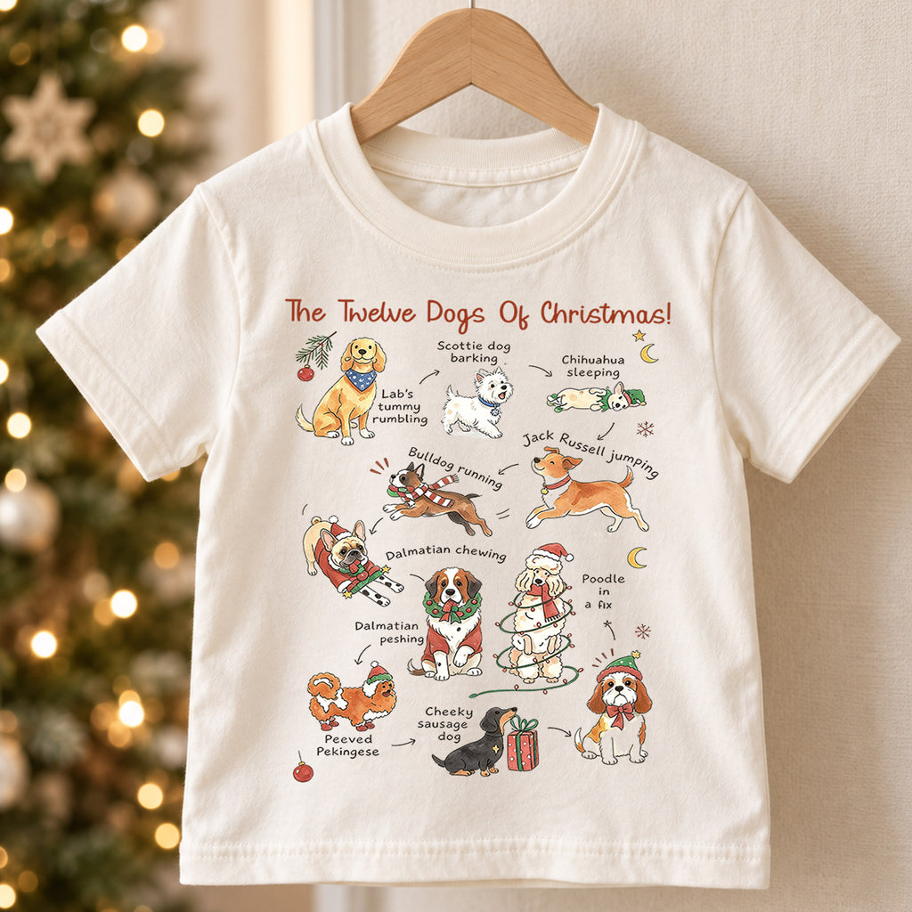 The Twelve Dogs Of Christmas Shirt, Cute Holiday Puppies Kids T-Shirt, Dog Lover Toddler Tee, Illustrated Christmas Dogs Graphic Top, Gift — product view 5