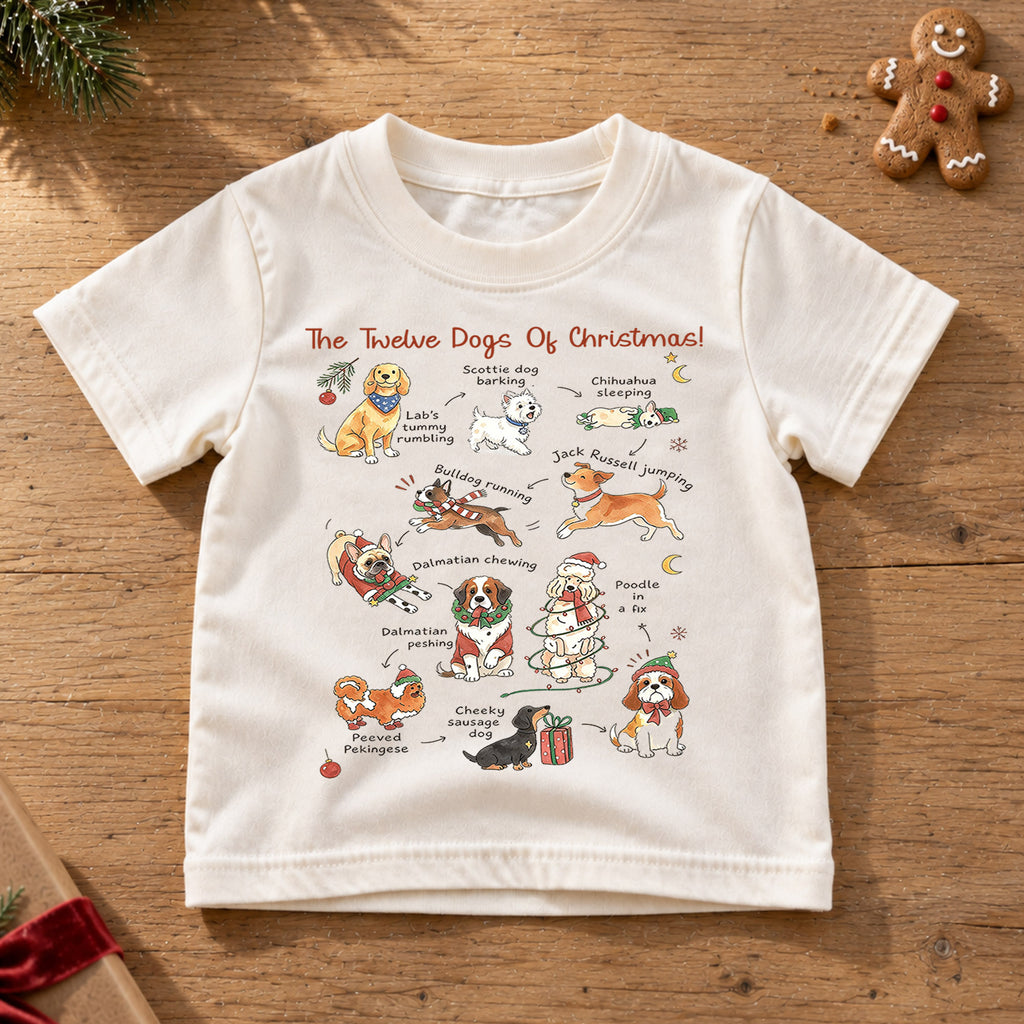 The Twelve Dogs Of Christmas Shirt, Cute Holiday Puppies Kids T-Shirt, Dog Lover Toddler Tee, Illustrated Christmas Dogs Graphic Top, Gift — product view 6