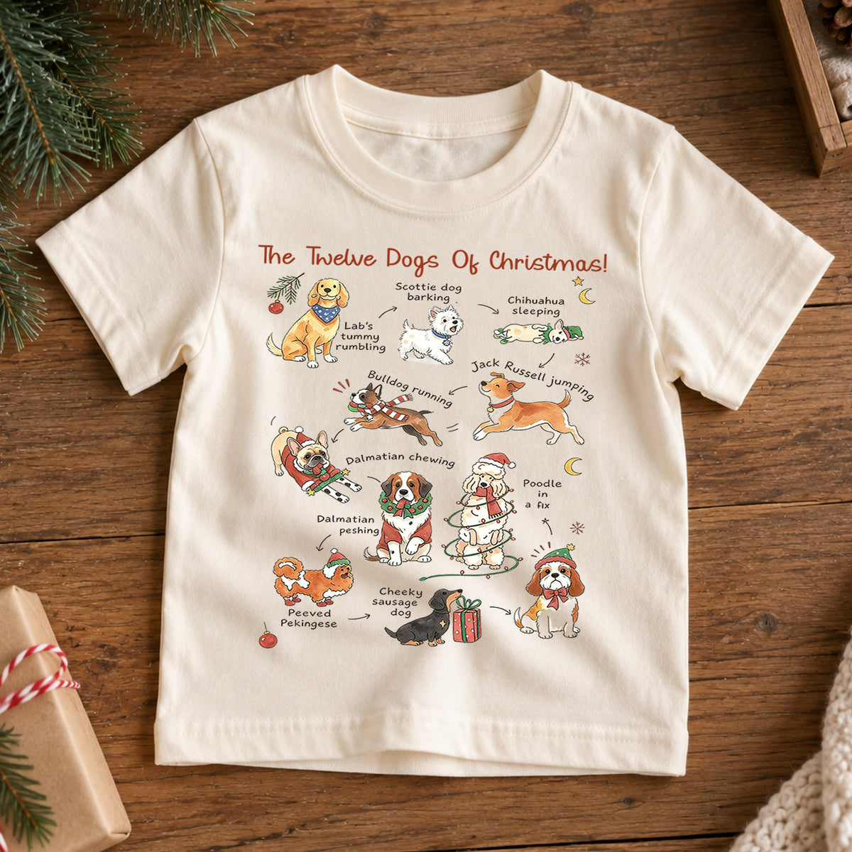 The Twelve Dogs Of Christmas Shirt, Cute Holiday Puppies Kids T-Shirt, Dog Lover Toddler Tee, Illustrated Christmas Dogs Graphic Top, Gift — product view 7