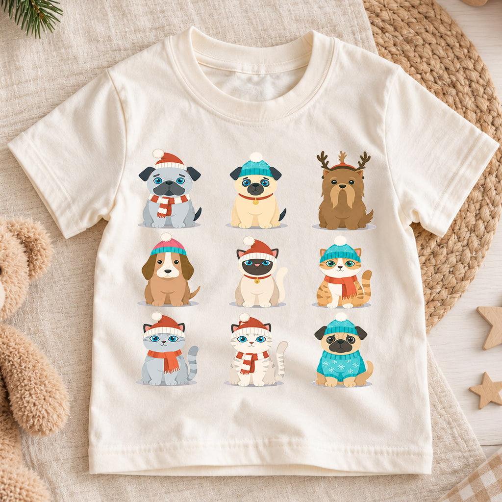 Cute Christmas Pets Grid Shirt, Retro Holiday Animals Postage Tee, Festive Winter Top, Cute Pet Christmas Outfit, Gift For Children — product view 1