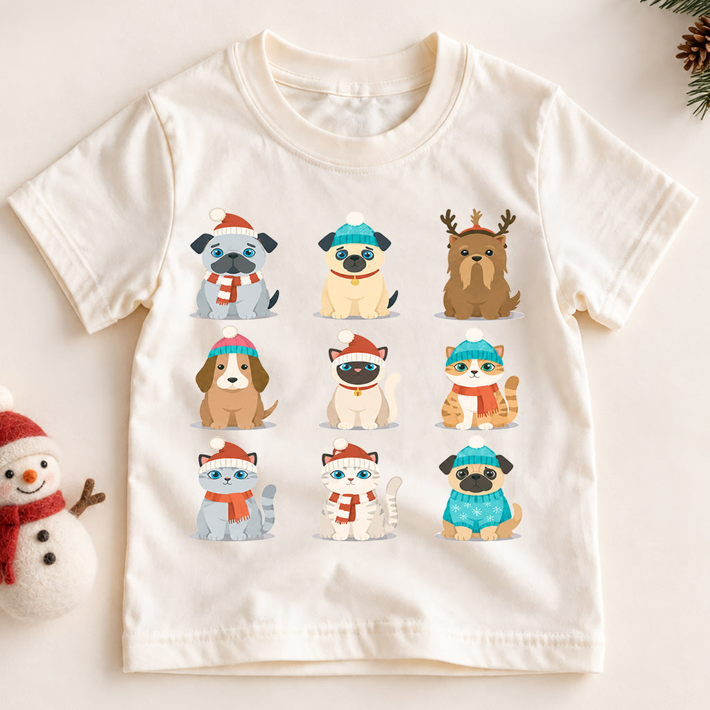 Cute Christmas Pets Grid Shirt, Retro Holiday Animals Postage Tee, Festive Winter Top, Cute Pet Christmas Outfit, Gift For Children — product view 2