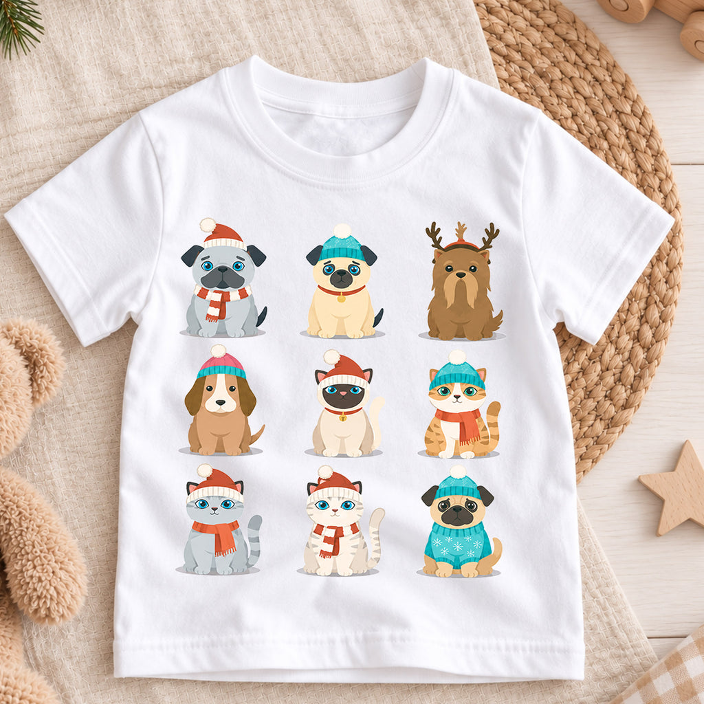 Cute Christmas Pets Grid Shirt, Retro Holiday Animals Postage Tee, Festive Winter Top, Cute Pet Christmas Outfit, Gift For Children — product view 3