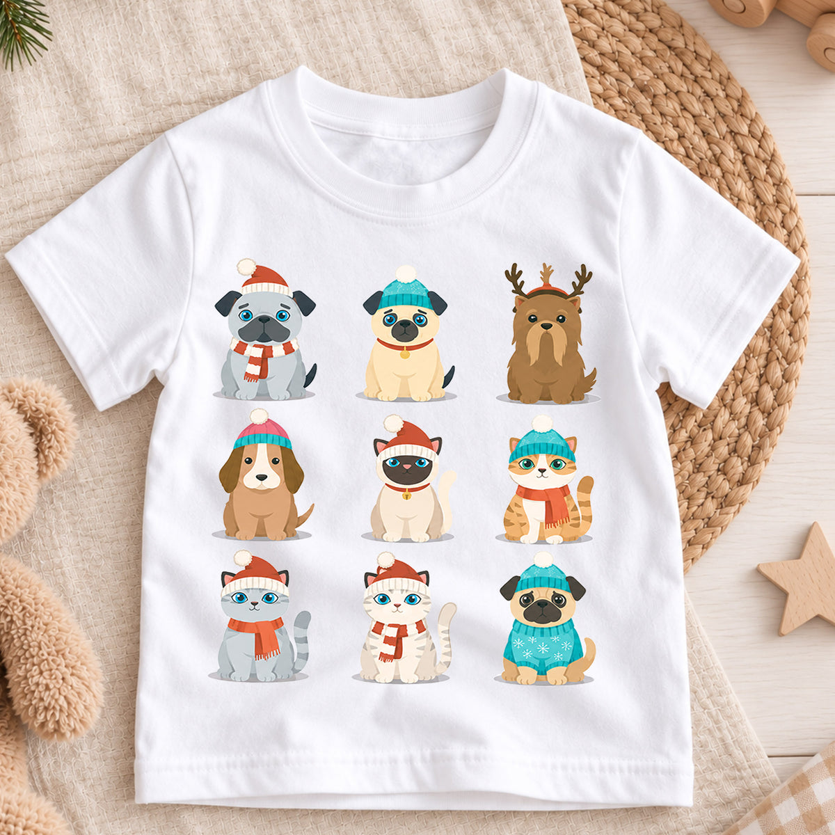 Cute Christmas Pets Grid Shirt, Retro Holiday Animals Postage Tee, Festive Winter Top, Cute Pet Christmas Outfit, Gift For Children — product view 3