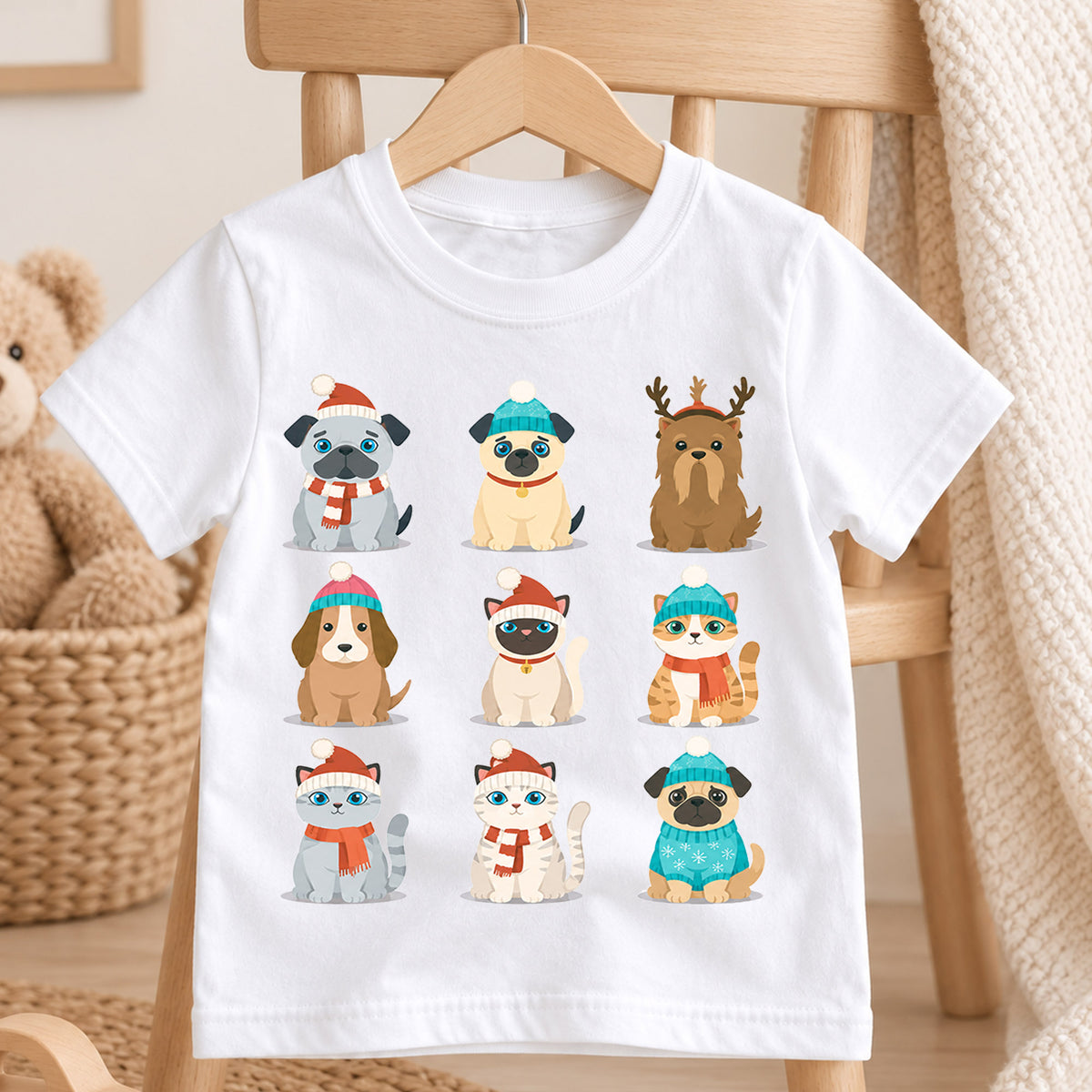 Cute Christmas Pets Grid Shirt, Retro Holiday Animals Postage Tee, Festive Winter Top, Cute Pet Christmas Outfit, Gift For Children — product view 4
