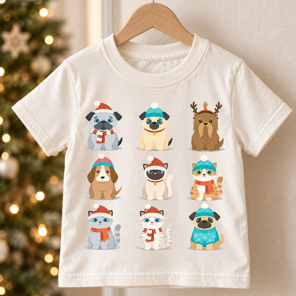 Cute Christmas Pets Grid Shirt, Retro Holiday Animals Postage Tee, Festive Winter Top, Cute Pet Christmas Outfit, Gift For Children — product view 5