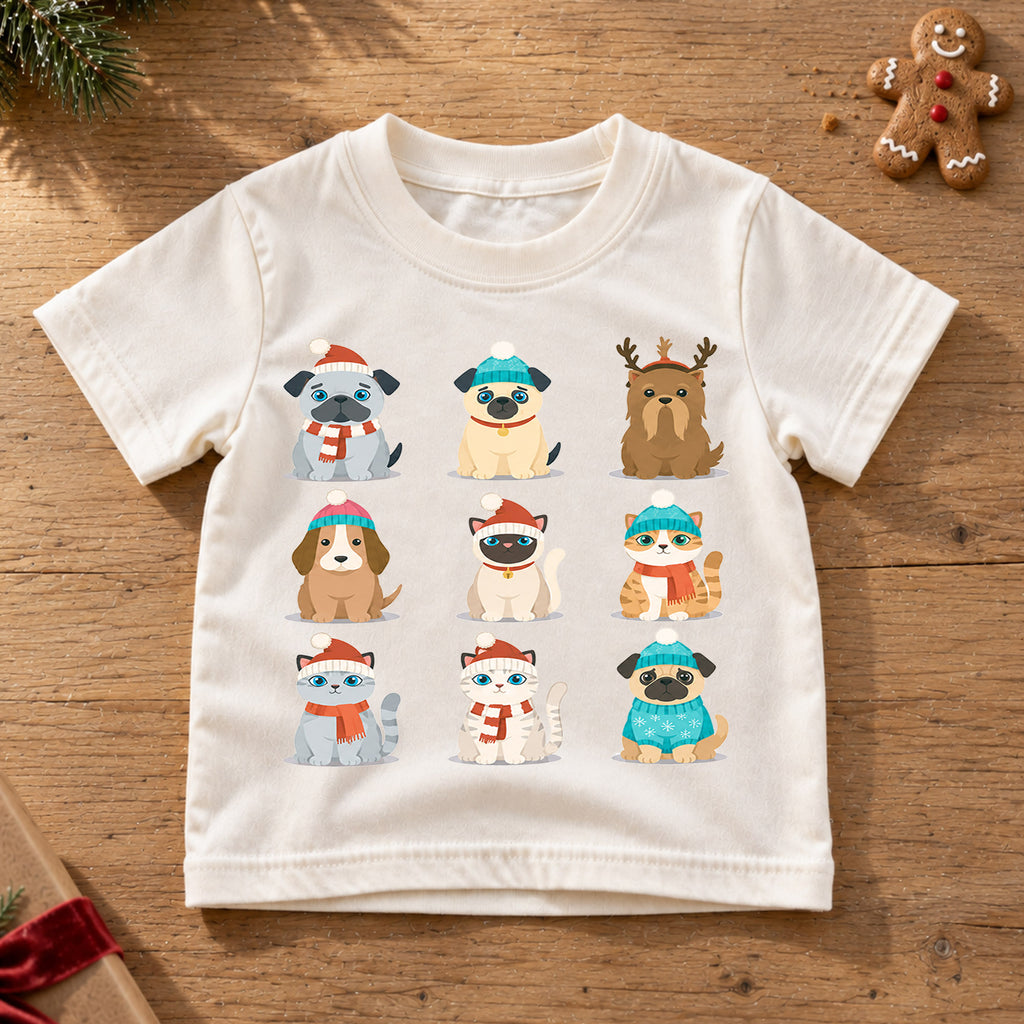 Cute Christmas Pets Grid Shirt, Retro Holiday Animals Postage Tee, Festive Winter Top, Cute Pet Christmas Outfit, Gift For Children — product view 6