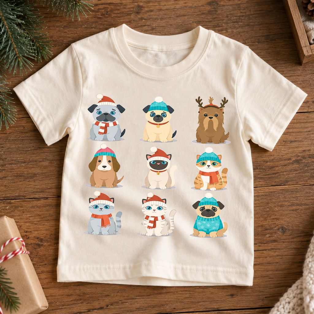 Cute Christmas Pets Grid Shirt, Retro Holiday Animals Postage Tee, Festive Winter Top, Cute Pet Christmas Outfit, Gift For Children — product view 7