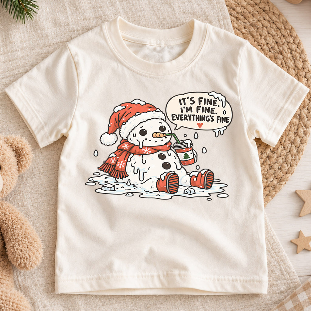It's Fine I'm Fine Snowman Shirt, Melting Snowman Toddler Tee, Funny Christmas Kids T-Shirt, Sarcastic Winter Coffee Top, Holiday Kids Gift — product view 1