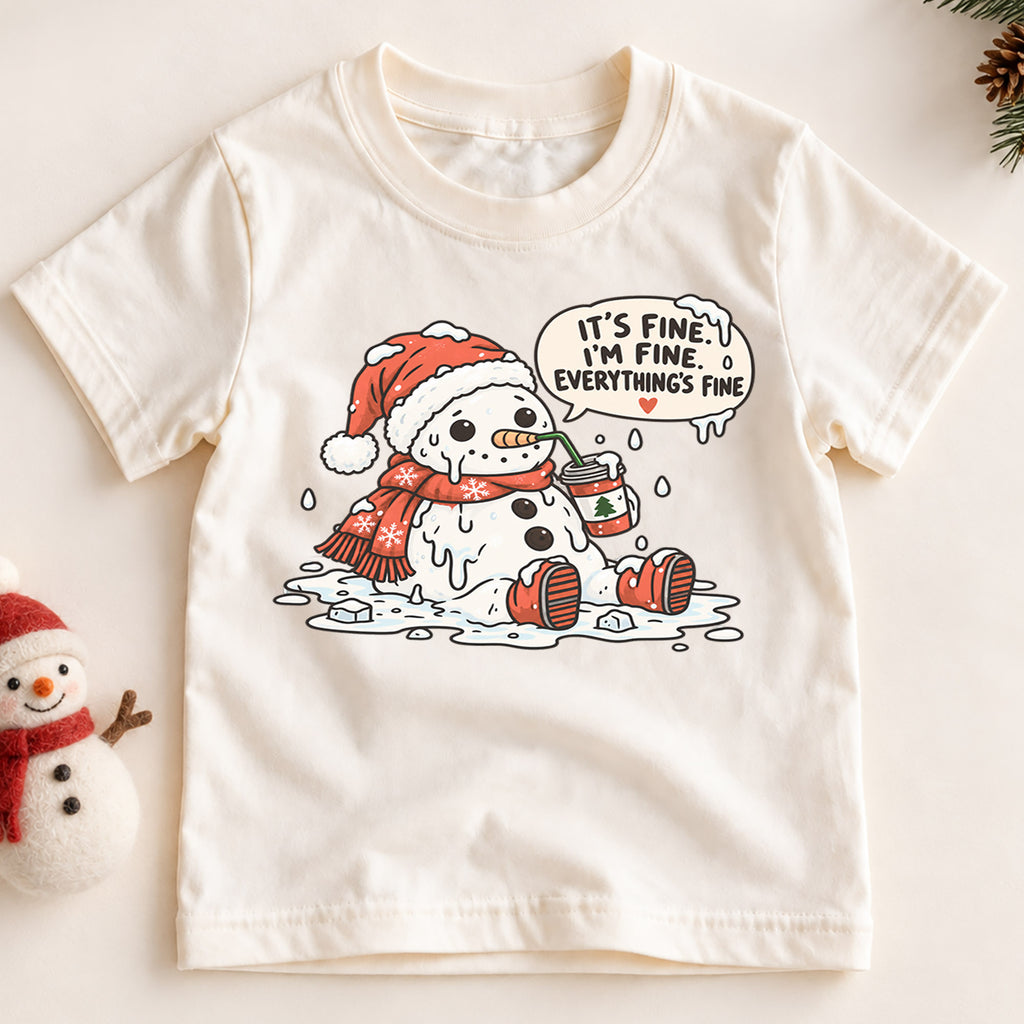 It's Fine I'm Fine Snowman Shirt, Melting Snowman Toddler Tee, Funny Christmas Kids T-Shirt, Sarcastic Winter Coffee Top, Holiday Kids Gift — product view 2