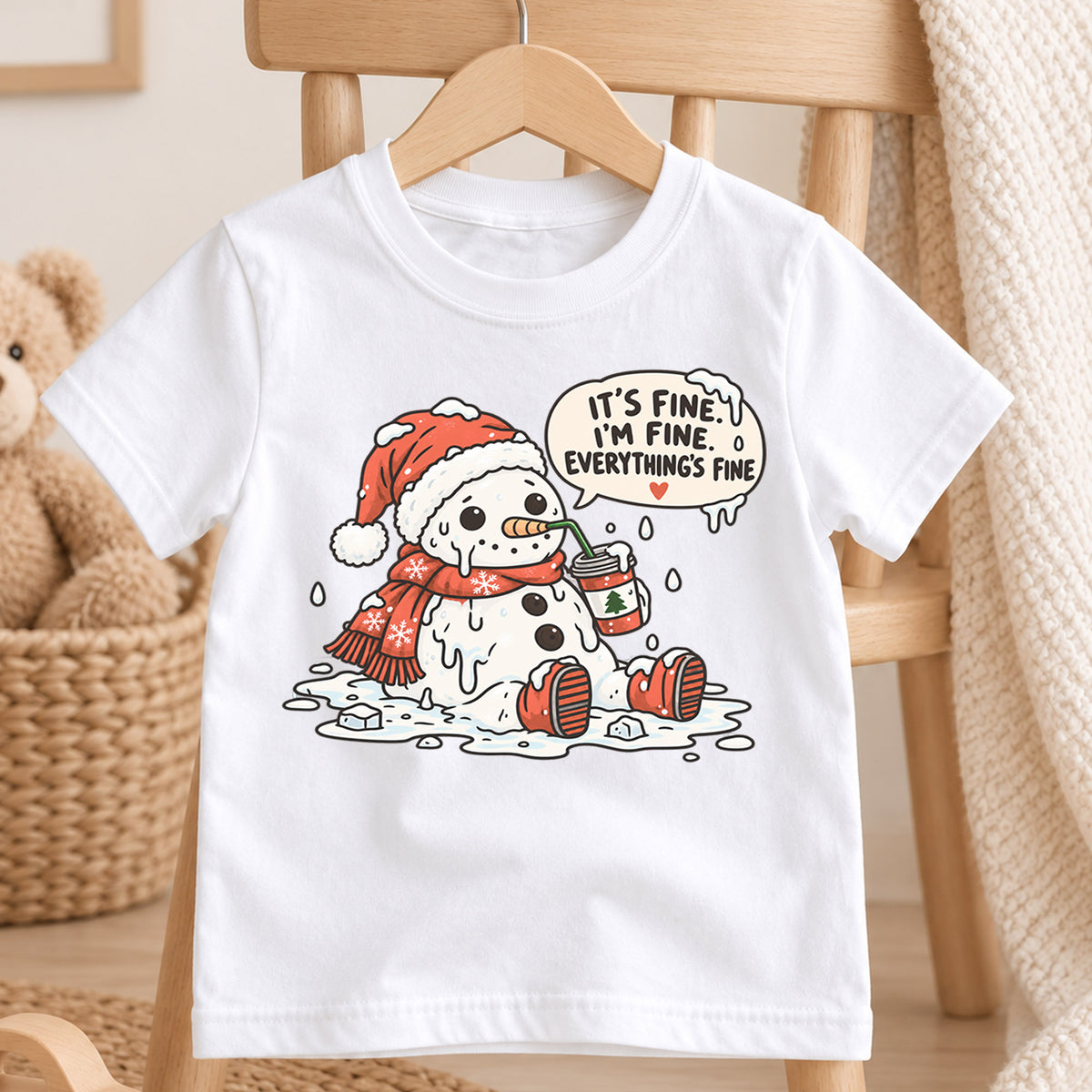 It's Fine I'm Fine Snowman Shirt, Melting Snowman Toddler Tee, Funny Christmas Kids T-Shirt, Sarcastic Winter Coffee Top, Holiday Kids Gift — product view 4