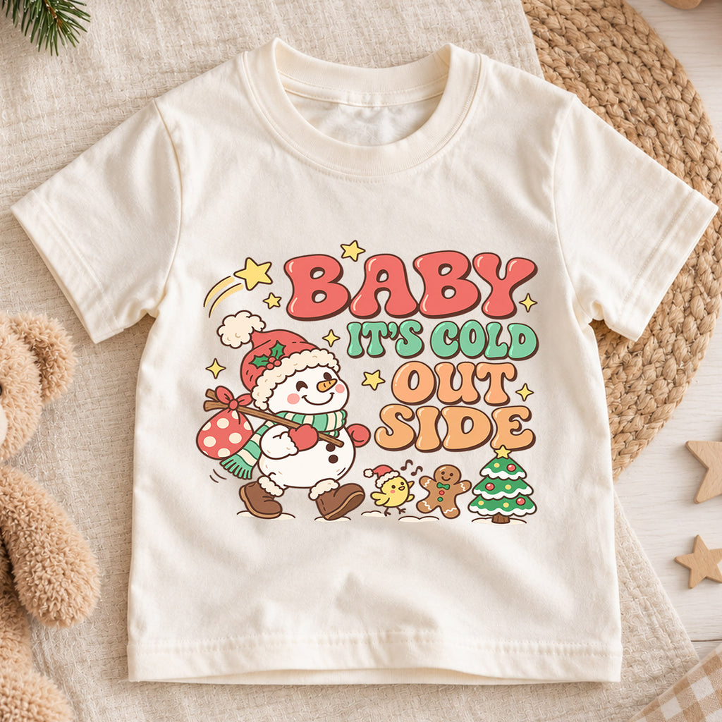 Baby It's Cold Outside Shirt, Cute Snowman Kids T-Shirt, Retro Winter Holiday Toddler Tee, Gingerbread Tree Graphic Top, Boys Girls Xmas Gift — product view 1