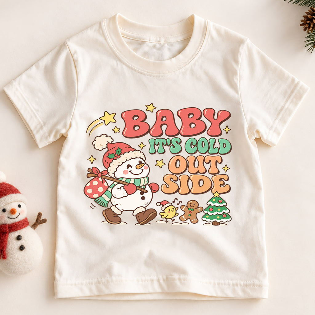 Baby It's Cold Outside Shirt, Cute Snowman Kids T-Shirt, Retro Winter Holiday Toddler Tee, Gingerbread Tree Graphic Top, Boys Girls Xmas Gift — product view 2