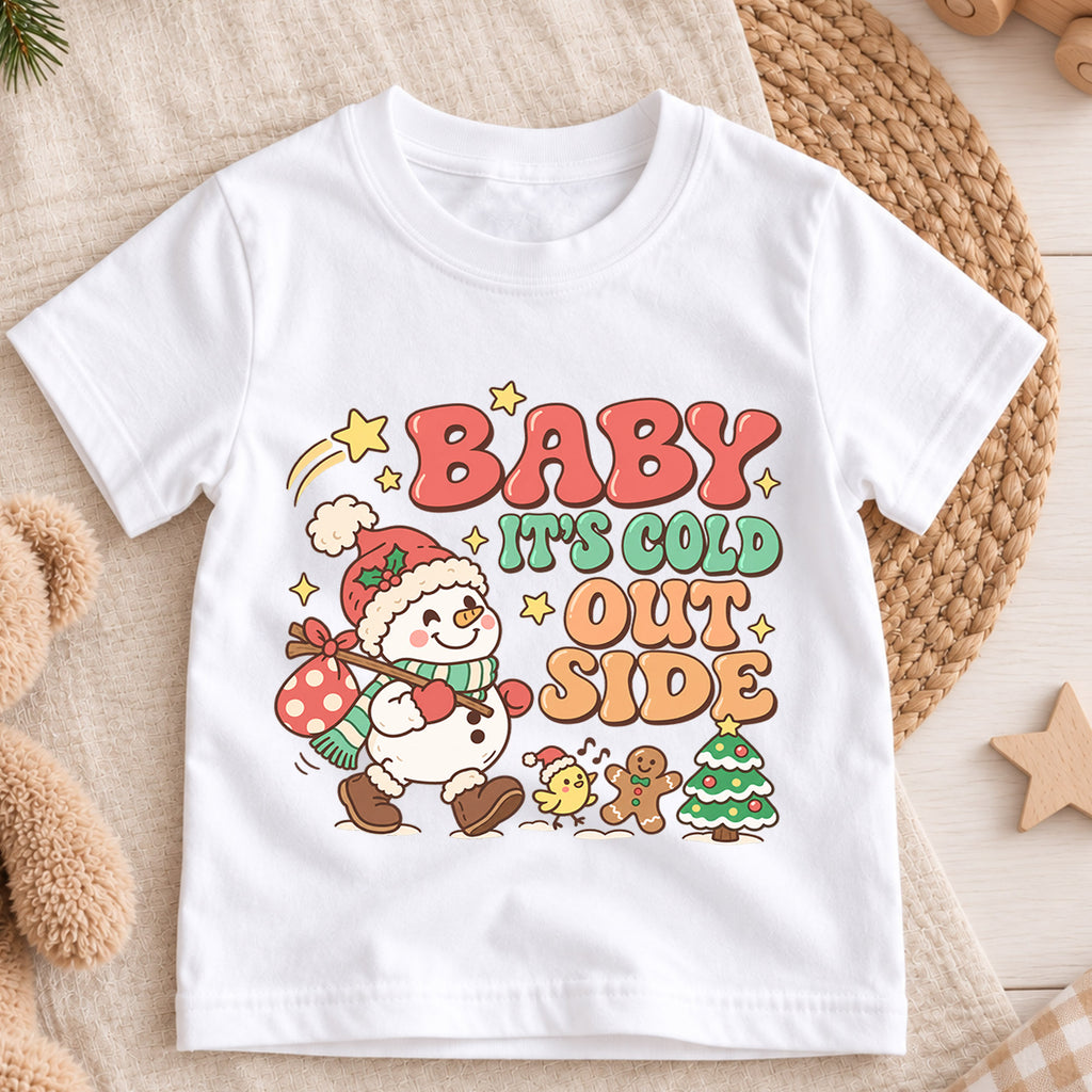 Baby It's Cold Outside Shirt, Cute Snowman Kids T-Shirt, Retro Winter Holiday Toddler Tee, Gingerbread Tree Graphic Top, Boys Girls Xmas Gift — product view 3