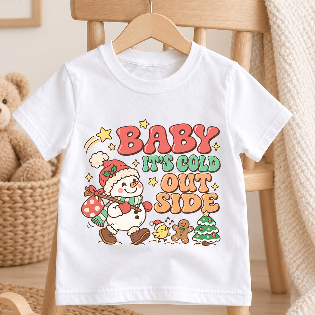 Baby It's Cold Outside Shirt, Cute Snowman Kids T-Shirt, Retro Winter Holiday Toddler Tee, Gingerbread Tree Graphic Top, Boys Girls Xmas Gift — product view 4