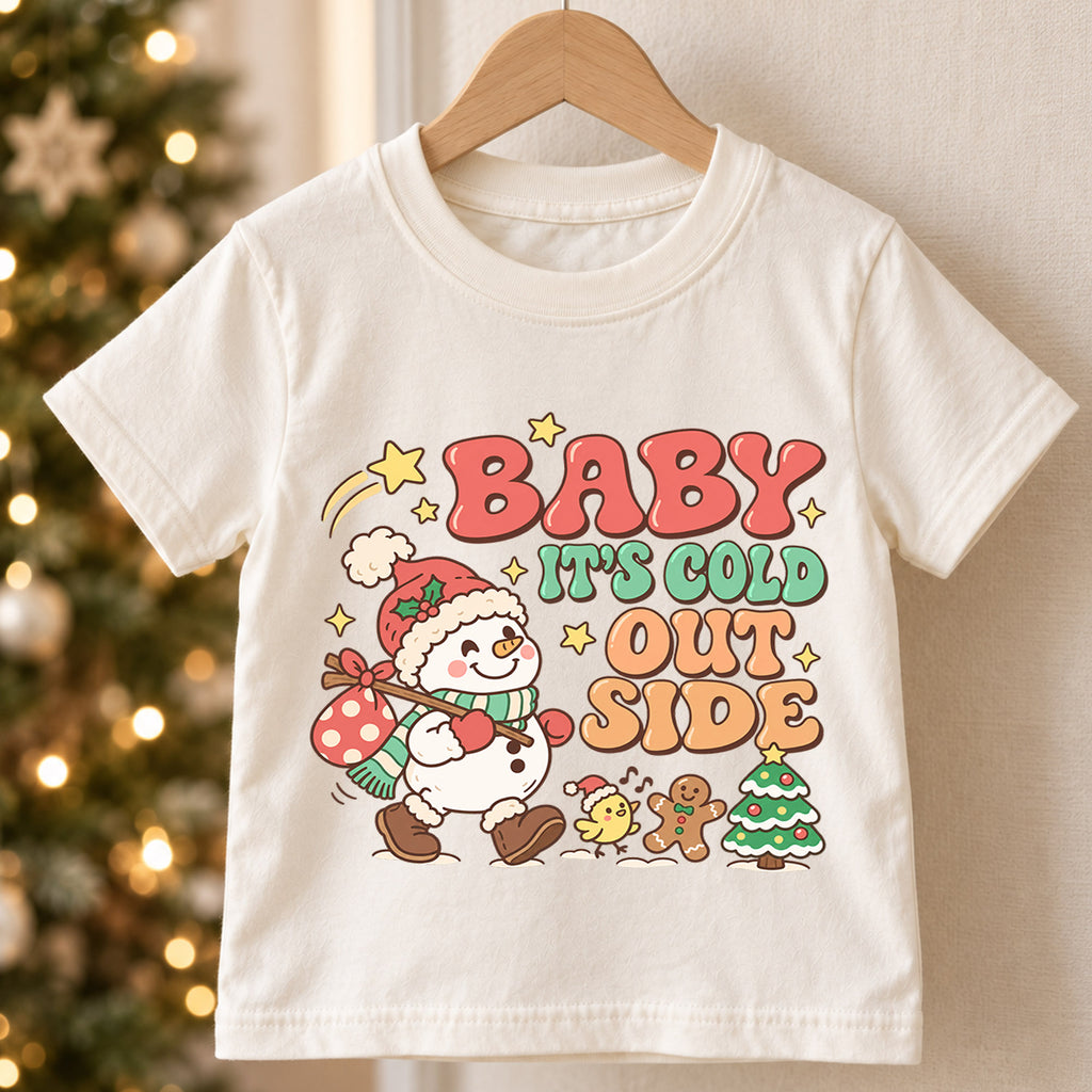 Baby It's Cold Outside Shirt, Cute Snowman Kids T-Shirt, Retro Winter Holiday Toddler Tee, Gingerbread Tree Graphic Top, Boys Girls Xmas Gift — product view 5