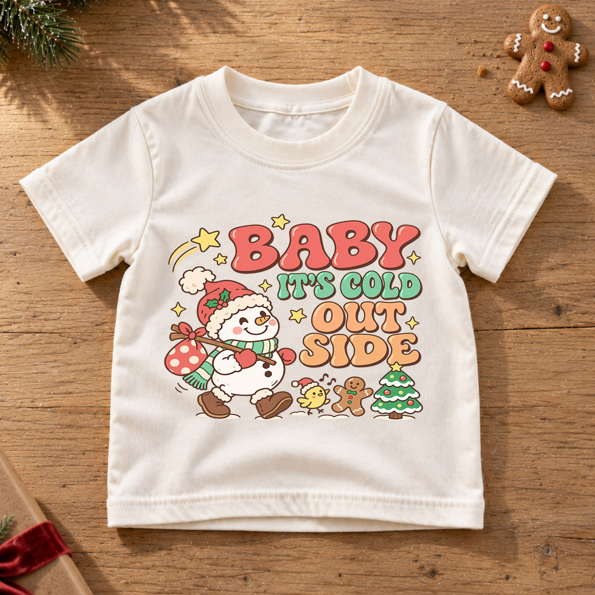 Baby It's Cold Outside Shirt, Cute Snowman Kids T-Shirt, Retro Winter Holiday Toddler Tee, Gingerbread Tree Graphic Top, Boys Girls Xmas Gift — product view 6