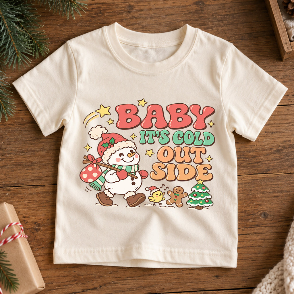 Baby It's Cold Outside Shirt, Cute Snowman Kids T-Shirt, Retro Winter Holiday Toddler Tee, Gingerbread Tree Graphic Top, Boys Girls Xmas Gift — product view 7