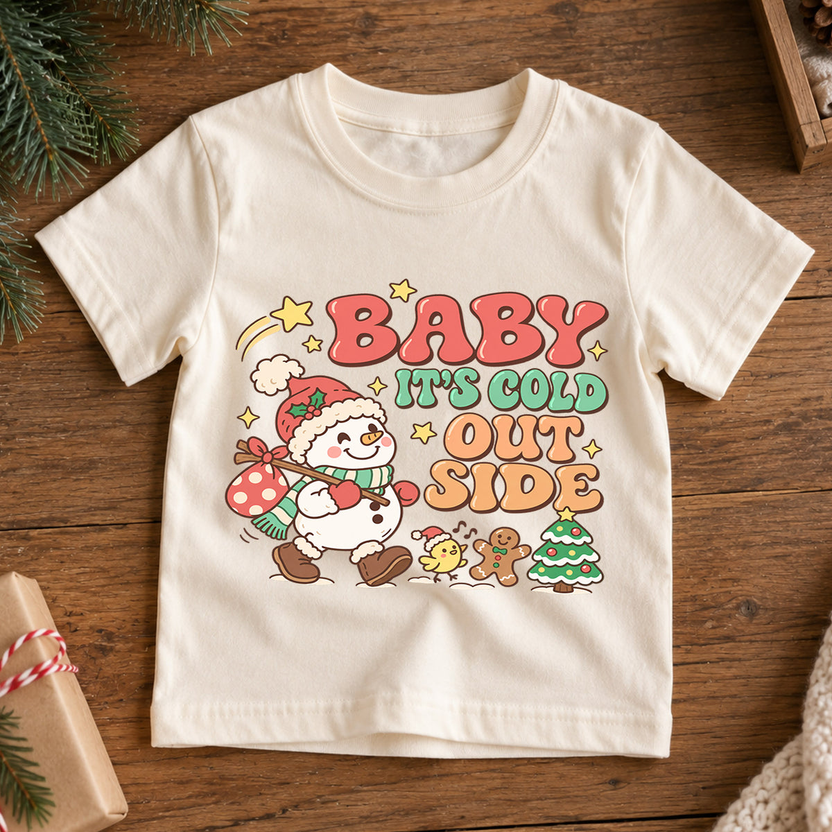 Baby It's Cold Outside Shirt, Cute Snowman Kids T-Shirt, Retro Winter Holiday Toddler Tee, Gingerbread Tree Graphic Top, Boys Girls Xmas Gift — product view 7